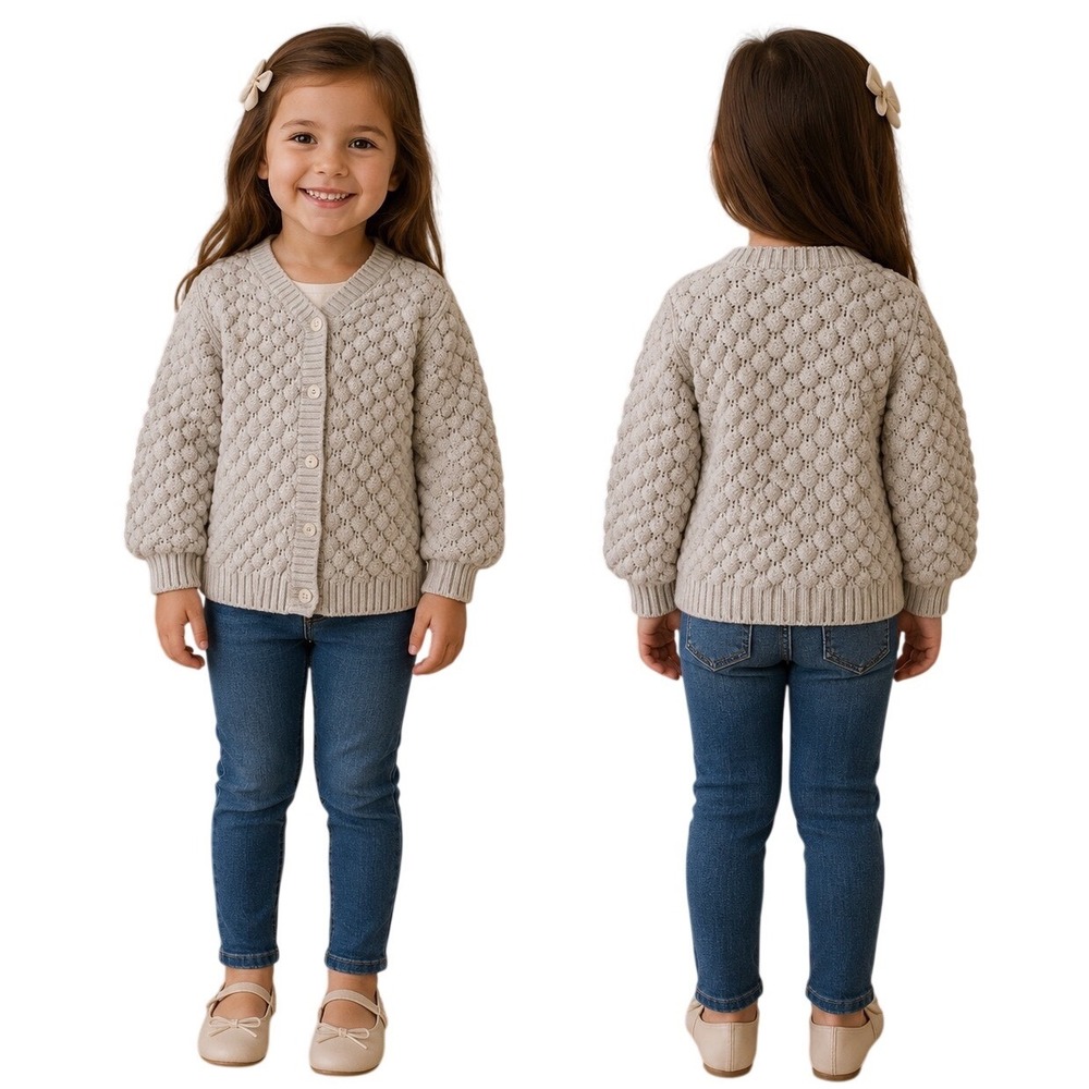 Jane & Jack Chunky Knit Cardigan Sweater Girls Size 6 Cream Cotton Wool